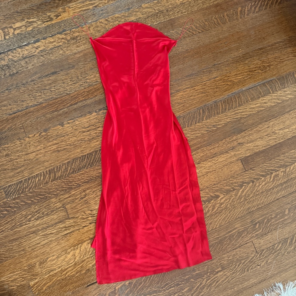 ARE YOU AM I Red Satin Slip Dress w/ Slit & Raw Hem – Sexy Minimalist (small)